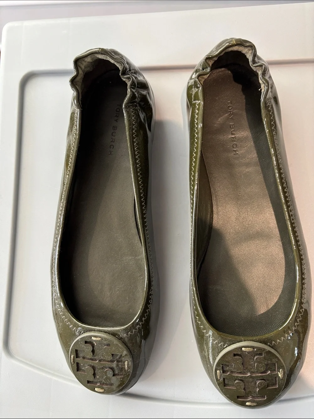 Tory Burch Olive Patent Logo Ballet Flats